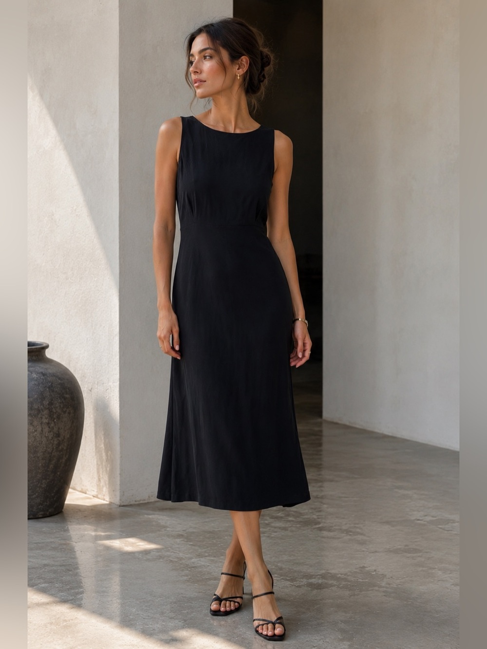 90's Minimalist Black 100% Silk GAP Maxi Dress Size 4 Lined Crew Neck Sleeveless